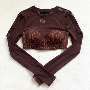 Long Sleeve Mesh Crop Top with Geometric Bustier - Brown